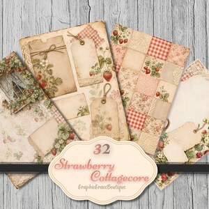 May include: A selection of vintage-style paper ephemera with a strawberry and cottagecore theme. The set includes tags, envelopes, and patterned papers in soft pinks, creams, and greens. The image features the text "32 Strawberry Cottagecore GraphicgraceBoutique".