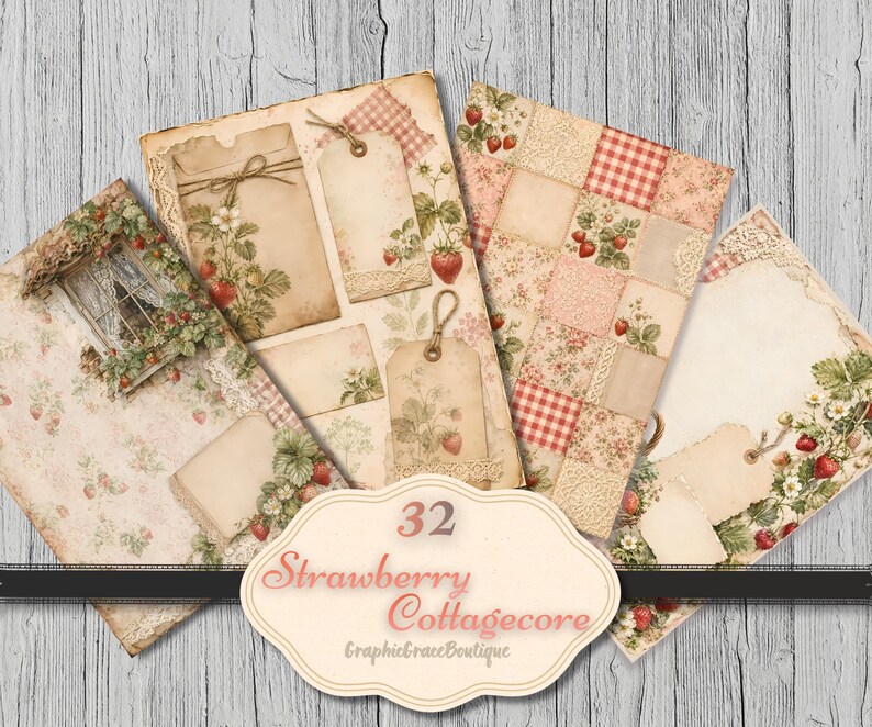 May include: A selection of vintage-style paper ephemera with a strawberry and cottagecore theme. The set includes tags, envelopes, and patterned papers in soft pinks, creams, and greens. The image features the text "32 Strawberry Cottagecore GraphicgraceBoutique".