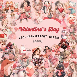 Valentinstag Clipart Bundle - romantische Herzen, süße Tiere, schöne Mädchen - PNG Liebe Grafiken, sofortiger digitaler Download, kommerzielle Nutzung