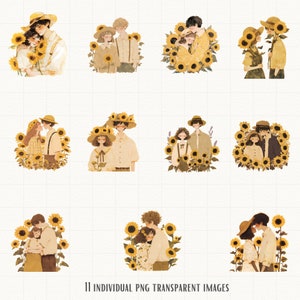 Sunflower Couple Clipart Bundle, Watercolor Romantic PNG, Boho Floral Lovers, Summer Wedding Scrapbook Download image 6
