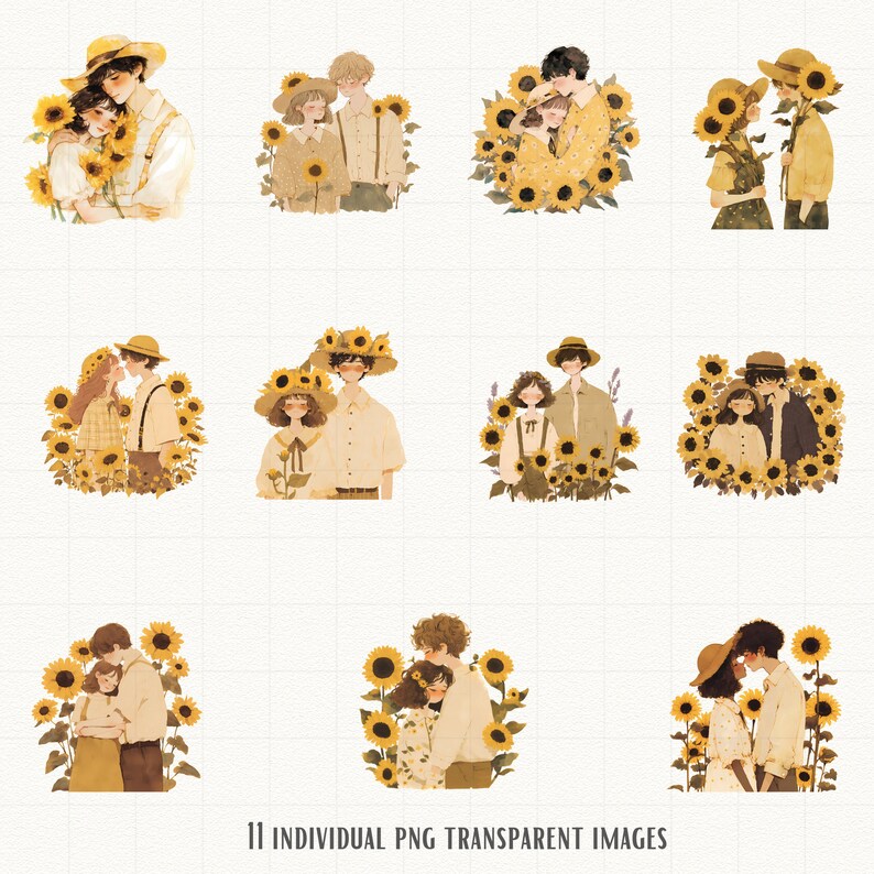 Sunflower Couple Clipart Bundle, Watercolor Romantic PNG, Boho Floral Lovers, Summer Wedding Scrapbook Download image 6