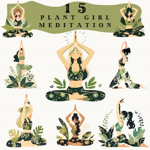 Plant Girl Yoga and Meditation Digital Sticker Clipart, imágenes prediseñadas inspiradas en la naturaleza, posturas de yoga serenas, png de conexión a tierra, álbum de recortes de atención plena