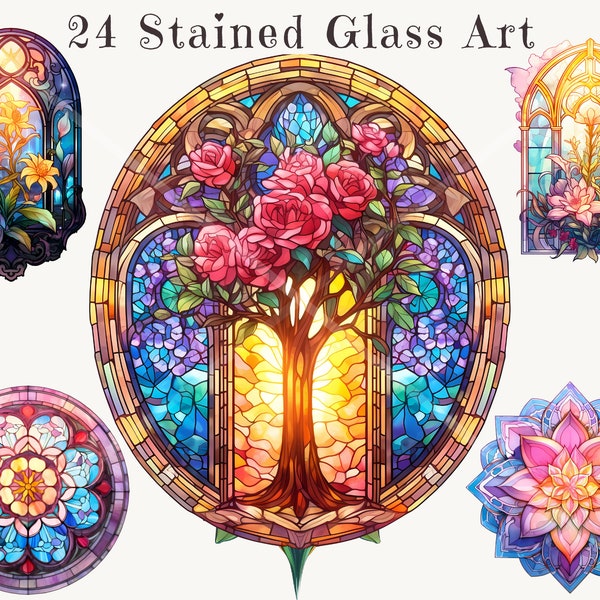 Stained Glass Watercolor PNG Clipart Bundle - Flowers and Trees Stained Glass Background, Instant Download, Commercial Use