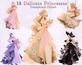 Aquarell Prinzessin Clipart Bundle, Vintage Boho Blumen Prinzessin PNG, Fairytale Girl Aufkleber digitaler Download