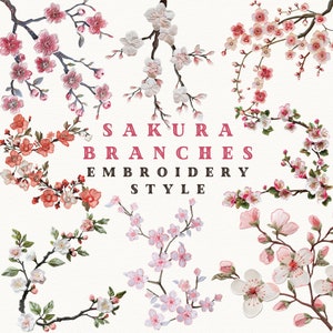 Embroidered Sakura Blooms Clipart - Spring Cute Sakura Branches PNG, cherry blossom design, Sakura clipart, floral branches, Sakura border