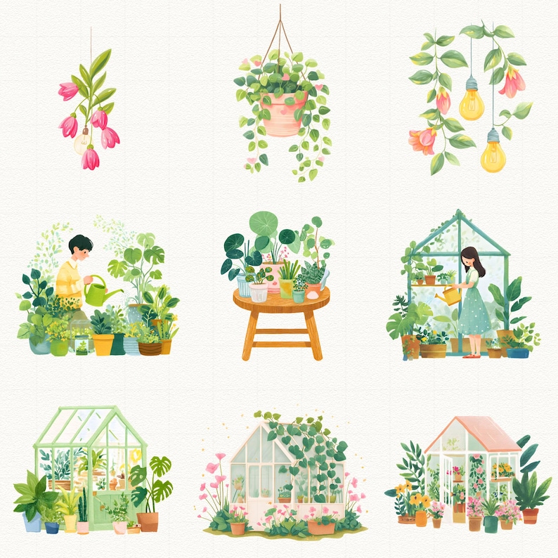 Pu&ograve; includere: Illustrazioni ad acquerello di varie piante e scene di giardinaggio. L'immagine include piante sospese, piante in vaso, una persona che innaffia le piante e una serra. La tavolozza dei colori &egrave; tenue, con verdi, rosa e gialli.