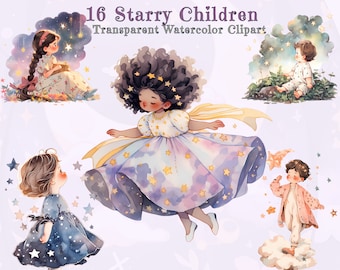 Dreamy Starry Children Clipart: Watercolor Nursery PNGs, Sleepy Kids and Night Sky - Bedtime, Clouds and Twinkle Stars, Easy Download