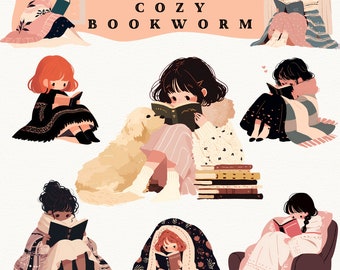 Op de afbeelding: Illustratie met meerdere figuren die boeken lezen, gehuld in dekens, met een hond en een stapel boeken. De tekst "35 COZY BOOKWORM" staat bovenaan. Het kleurenpalet omvat zachte roze, bruine en witte tinten.