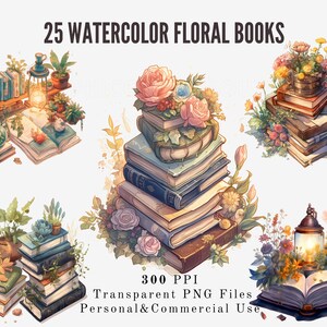 Watercolor Floral Books Digital Clipart Bundle - PNG Images for Crafts and Designs, scrapbooking clipart, vintage books clipart