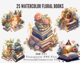 Watercolor Floral Books Clipart Bundle, Book Lover PNG, Cozy Reading Scrapbook Art, Library Stickers Digital Download