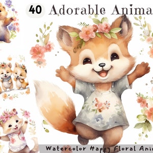 Clipart animal aquarelle de haute qualité - Adorables graphiques de pépinière à usage commercial, avec des renards, des lapins, des hiboux, des girafes et plus encore
