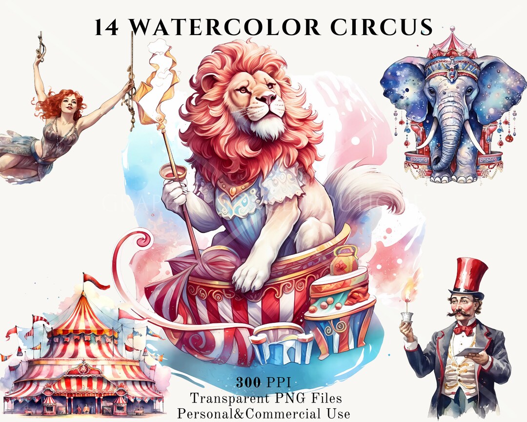 Colorful Circus Watercolor Clipart Set Animals Illustrations, Circus ...