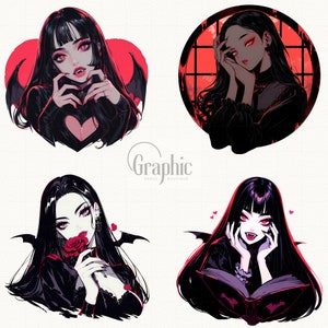 May include: Four digital illustrations of a vampire woman with black hair and red eyes. Each illustration features a different pose and expression. The first illustration shows the vampire woman with her hands over her heart, the second shows her looking out a window, the third shows her holding a rose, and the fourth shows her reading a book.