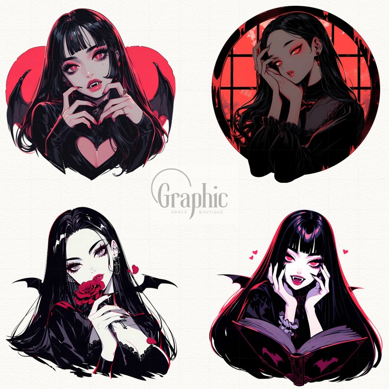 May include: Four digital illustrations of a vampire woman with black hair and red eyes. Each illustration features a different pose and expression. The first illustration shows the vampire woman with her hands over her heart, the second shows her looking out a window, the third shows her holding a rose, and the fourth shows her reading a book.