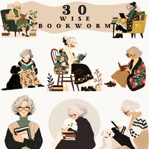 Może przedstawiać: Ilustracja 30 Wise Bookworm przedstawiająca grupę kobiet czytających książki, siedzących na krzesłach i trzymających psy. Ilustracja jest w stylu kreskówkowym z jasnymi kolorami i fantazyjnym charakterem.