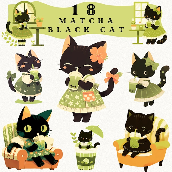 Matcha Black Cat digital stickers, Cozy Green Drink clipart journaling, cozy homey png, whimsical sticker, transparent, scrapbooking,cartoon