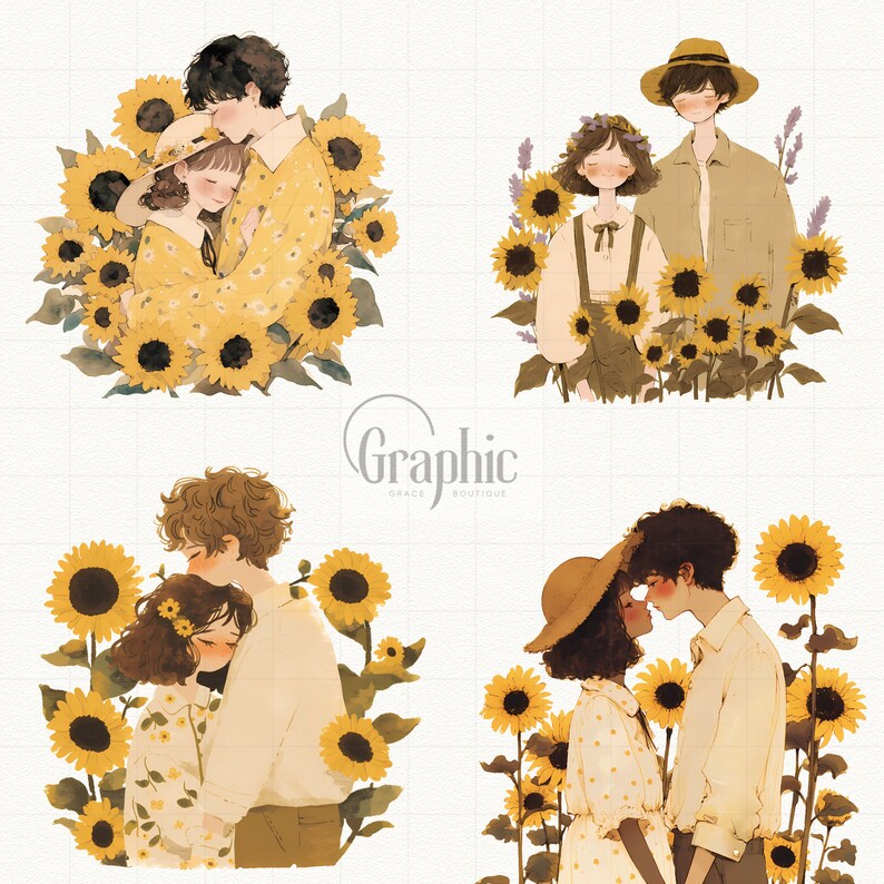 Sunflower Couple Clipart Bundle, Watercolor Romantic PNG, Boho Floral Lovers, Summer Wedding Scrapbook Download image 4