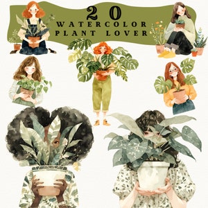 Acuarela Plant Lover Girl pegatinas digitales, imágenes prediseñadas de plantas de la casa, diario, linda chica de la planta png, pegatina acogedora, transparente, scrapbooking