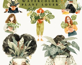 Pflanzenliebhaber Mädchen Clipart Bundle, Aquarell Zimmerpflanze PNG, gemütliche botanische Aufkleber, Cottagecore digitaler Download