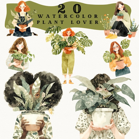 Plant Lover Girl Clipart Bundle, Watercolor Houseplant PNG, Cozy Botanical Stickers, Cottagecore Digital Download