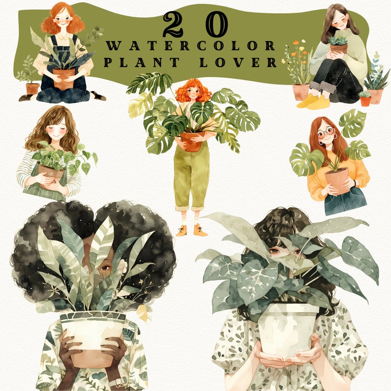 May include: Watercolor illustration of 20 Watercolor Plant Lover with six women holding potted plants. The women are drawn in a cartoon style with different hairstyles and clothing. The plants are a variety of green foliage.