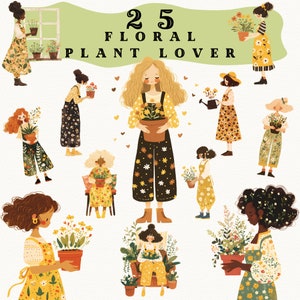 Pegatinas digitales Floral Plant Lover Girl, imágenes prediseñadas de plantas de la casa, diario, linda chica de plantas png, pegatina acogedora, transparente, scrapbooking png
