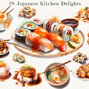 Premium Japanese Cuisine Watercolor Clipart Bundle, High-Quality PNG Images for Commercial Use – Sushi, Ramen, Katsudon, Bento