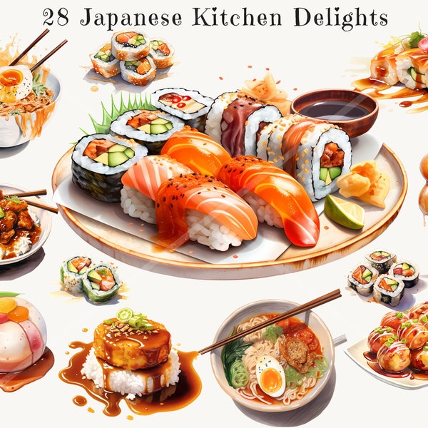 Premium Japanese Cuisine Watercolor Clipart Bundle, High-Quality PNG Images for Commercial Use – Sushi, Ramen, Katsudon, Bento