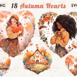 Watercolor Autumn Hearts Clipart Bundle: Fall Scenery (PNG + SVG)