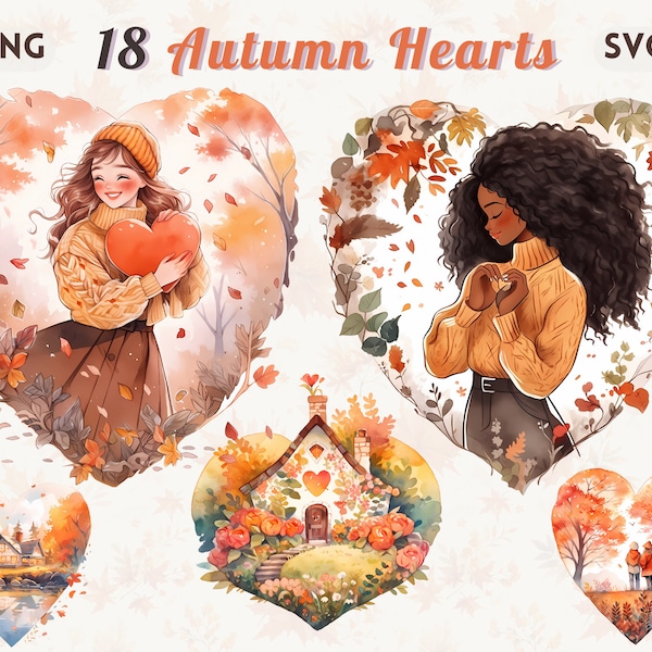 Autumn Hearts Clipart Bundle: Watercolor Fall Scenery, People in Heart Frames | High-Quality PNG + SVG | Autumn Decorations