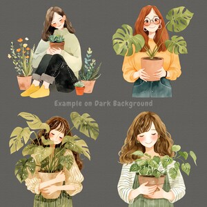 May include: Four illustrations of women holding potted plants. The women are drawn in a watercolor style with soft features and long hair. The plants are also drawn in a watercolor style with green leaves and brown pots. The background is a dark gray color. The text "Example on Dark Background" is written in white at the bottom of the image.