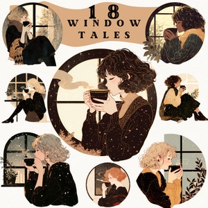 Cozy Window Tales Girls digital stickers, warm drink png, journaling, cozy fall png, cozy sticker, transparent, scrapbooking, anime clipart
