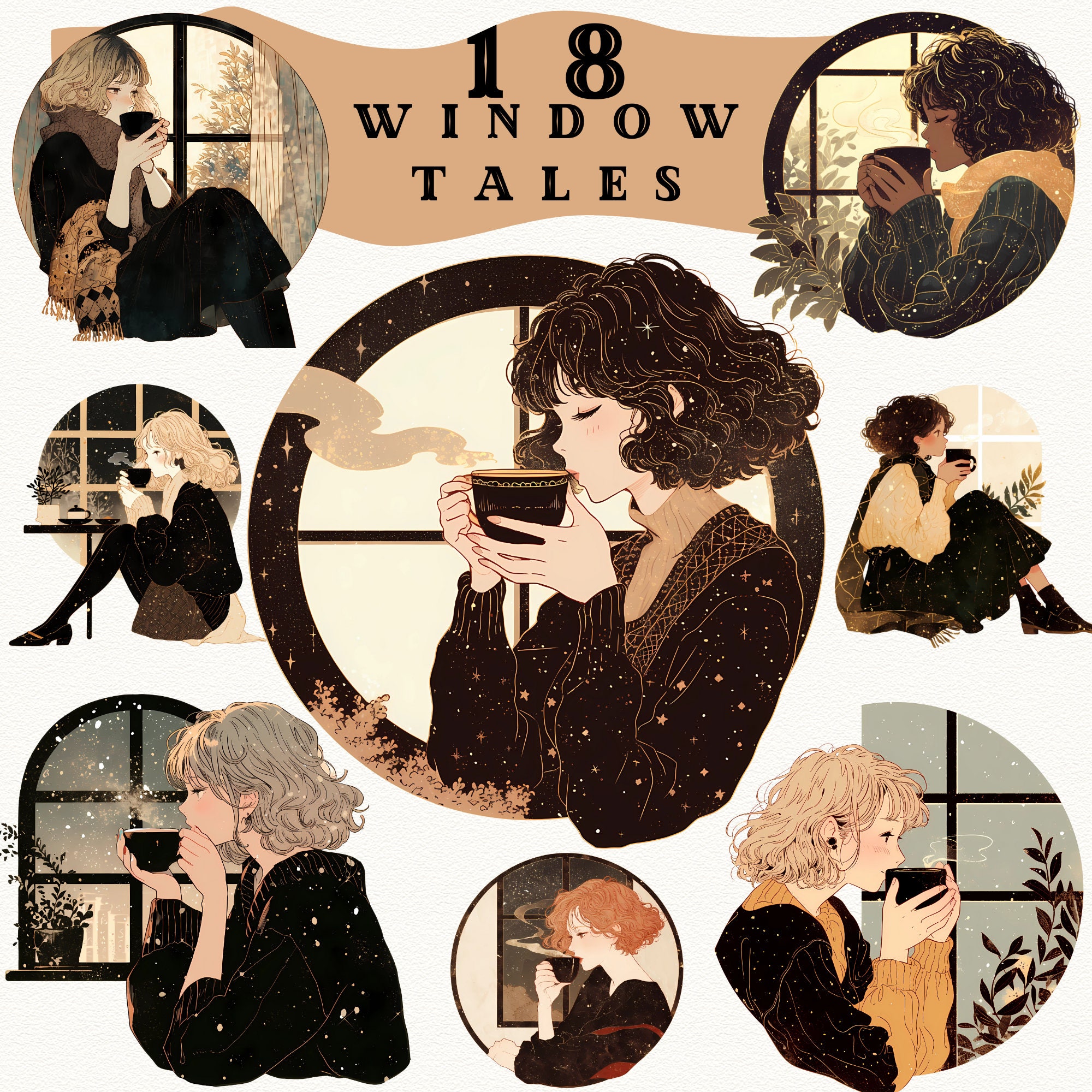Cozy Window Tales Girls digital stickers, warm drink png, journaling, cozy fall png, cozy sticker, transparent, scrapbooking, anime clipart