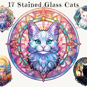 Stained Glass Cats Digital Clipart Bundle - Watercolor Style, PNG Images for Crafts and Design, Instant Download, Commercial Use