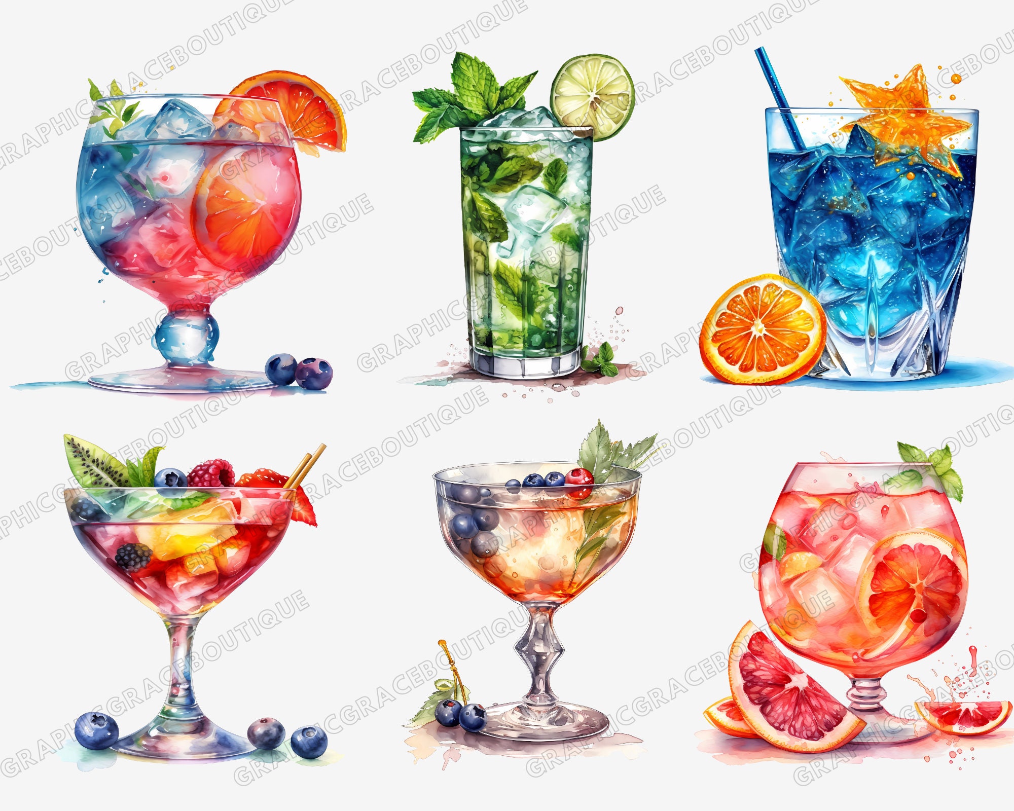 Watercolor Cocktail Clipart Bundle, Tropical Summer Drinks (PNG Digital ...