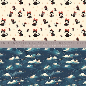 May include: Two digital paper designs. The top design features a repeating pattern of black cats with red bows on a cream background. The bottom design features a repeating pattern of white clouds and shooting stars on a dark blue background. The text "Ghibli Inspired 14 Seamless Digital Papers 12x12 inches 300DPI PNG and JPEG Format" is at the bottom of the image.