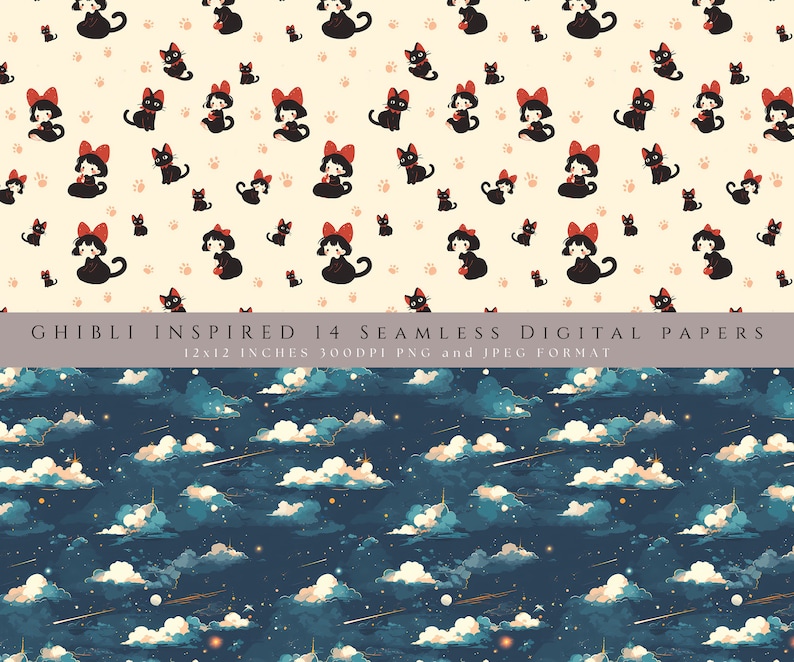 May include: Two digital paper designs. The top design features a repeating pattern of black cats with red bows on a cream background. The bottom design features a repeating pattern of white clouds and shooting stars on a dark blue background. The text "Ghibli Inspired 14 Seamless Digital Papers 12x12 inches 300DPI PNG and JPEG Format" is at the bottom of the image.