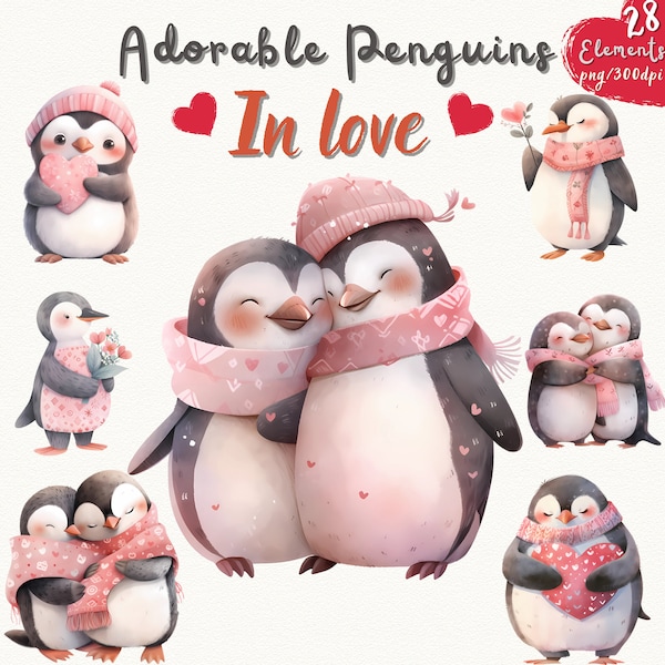 Watercolor Love Penguin Clipart, Nursery Clipart, Valentine Animal Couple, Romantic Couple Penguin| Transparent High-Quality PNG