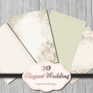 Puede incluir: Un conjunto de 20 papeles elegantes con tem&aacute;tica de boda con varios dise&ntilde;os. Los papeles presentan patrones florales, rayas y lunares en suaves colores pastel. La imagen incluye el texto "Elegant Wedding" y "GraphicGraceBoutique".