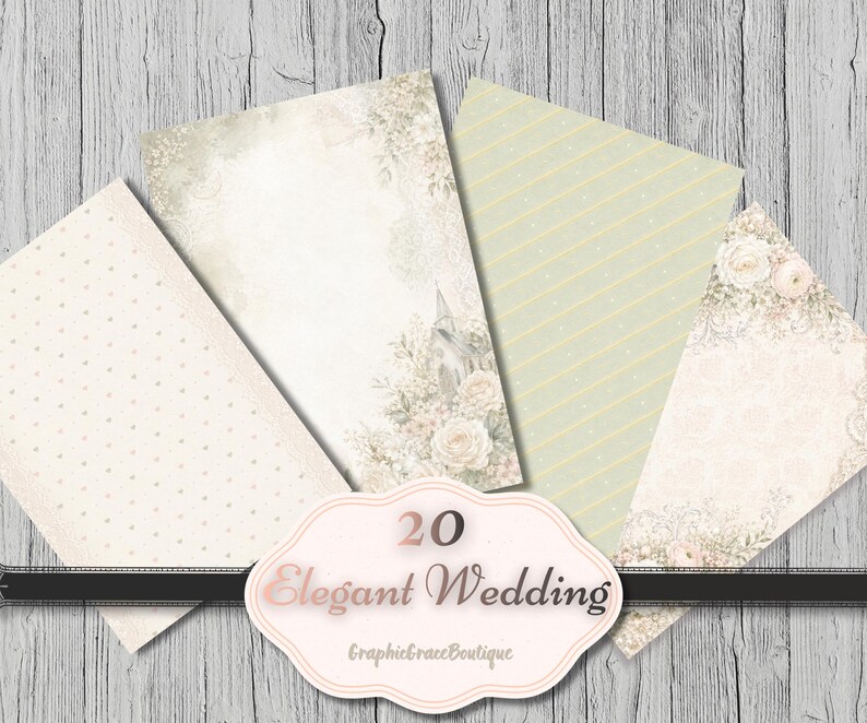 Puede incluir: Un conjunto de 20 papeles elegantes con tem&aacute;tica de boda con varios dise&ntilde;os. Los papeles presentan patrones florales, rayas y lunares en suaves colores pastel. La imagen incluye el texto "Elegant Wedding" y "GraphicGraceBoutique".