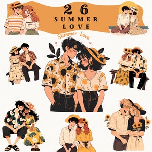 Summer Love digitale stickers, schattige liefde clipart, journaling, vintage bloemen png, gezellige sticker, transparant, paar plakboek, warm weer