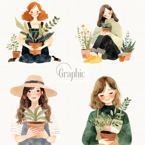 May include: Four women are holding potted plants. The women are wearing different outfits and have different hairstyles. The plants are all different types and sizes. The background is a light beige color.