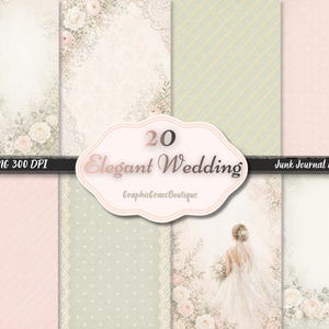 Può includere: Una collezione di 20 carte digitali a tema matrimonio elegante. Le carte presentano colori pastello tenui, accenti floreali, dettagli in pizzo e immagini di una sposa. Il testo "Elegant Wedding" è visualizzato su un'etichetta decorativa.