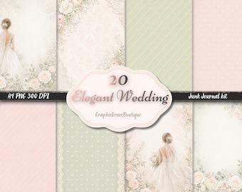 May include: A set of 20 digital papers with an elegant wedding theme. The papers feature soft pastel colours, floral accents, lace details, and images of a bride. The text "Elegant Wedding" is displayed on a decorative label.