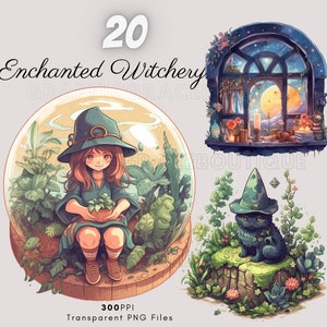 Witch ClipArt, Watercolor Enchanted witchery ClipArt Bundle, Witchcraft PNG, Commercial Use, Instant Digital Download