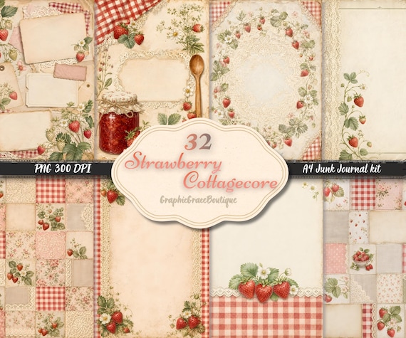Strawberry Cottagecore Junk Journal Kit, 32 A4 Printable Pages, Vintage Berry Scrapbook Paper, Summer Ephemera Digital Download