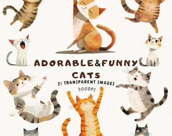 Puede incluir: Un conjunto de 21 ilustraciones digitales de gatos adorables y divertidos en varias poses. Los gatos están dibujados en un estilo de dibujos animados con texturas de acuarela. Las ilustraciones son perfectas para crear tarjetas de felicitación, invitaciones, scrapbooking y otros proyectos creativos.