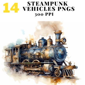 Steampunk Vehicles Clipart bundle Watercolor PNGs - Instant Download, Featuring Cars, Motorcycles, Boats, Trains, Tanks