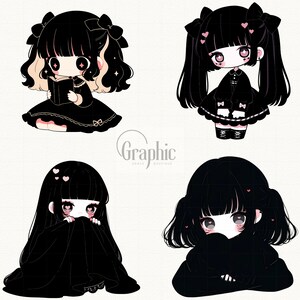 May include: Four digital illustrations of anime-style girls with black hair, wearing black clothing and pink hearts. The girls have different expressions and poses.