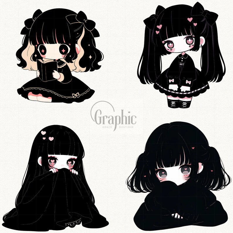May include: Four digital illustrations of anime-style girls with black hair, wearing black clothing and pink hearts. The girls have different expressions and poses.